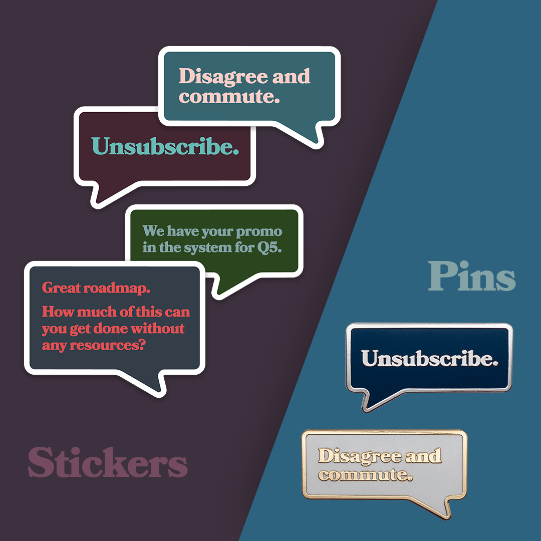 OA sticker bundle + "Disagree and commute" and "Unsubscribe" pin